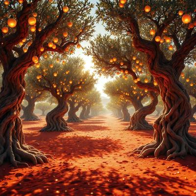 The primary subject of the image is a group of trees with a red dirt road running through them. The setting is a desert-like environment, with the trees providing a natural backdrop. The visual style is a combination of photo and digital art, creating a surreal and artistic atmosphere. The dominant colors are red and orange, which contribute to the overall mood of the scene.